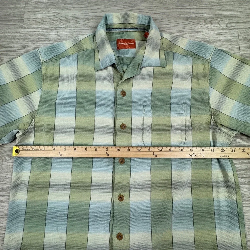Tommy Bahama Mens Button Front Shirt Plaid Silk Green Blue Medium Short Sleeve